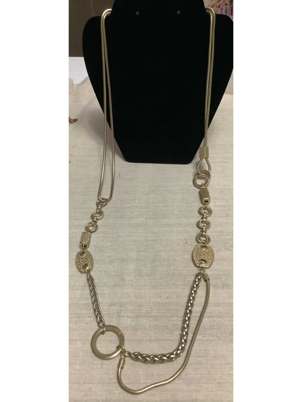 Chico’s Long Mixed Metal Multi Chain Statement Necklace Silver Gold Tone